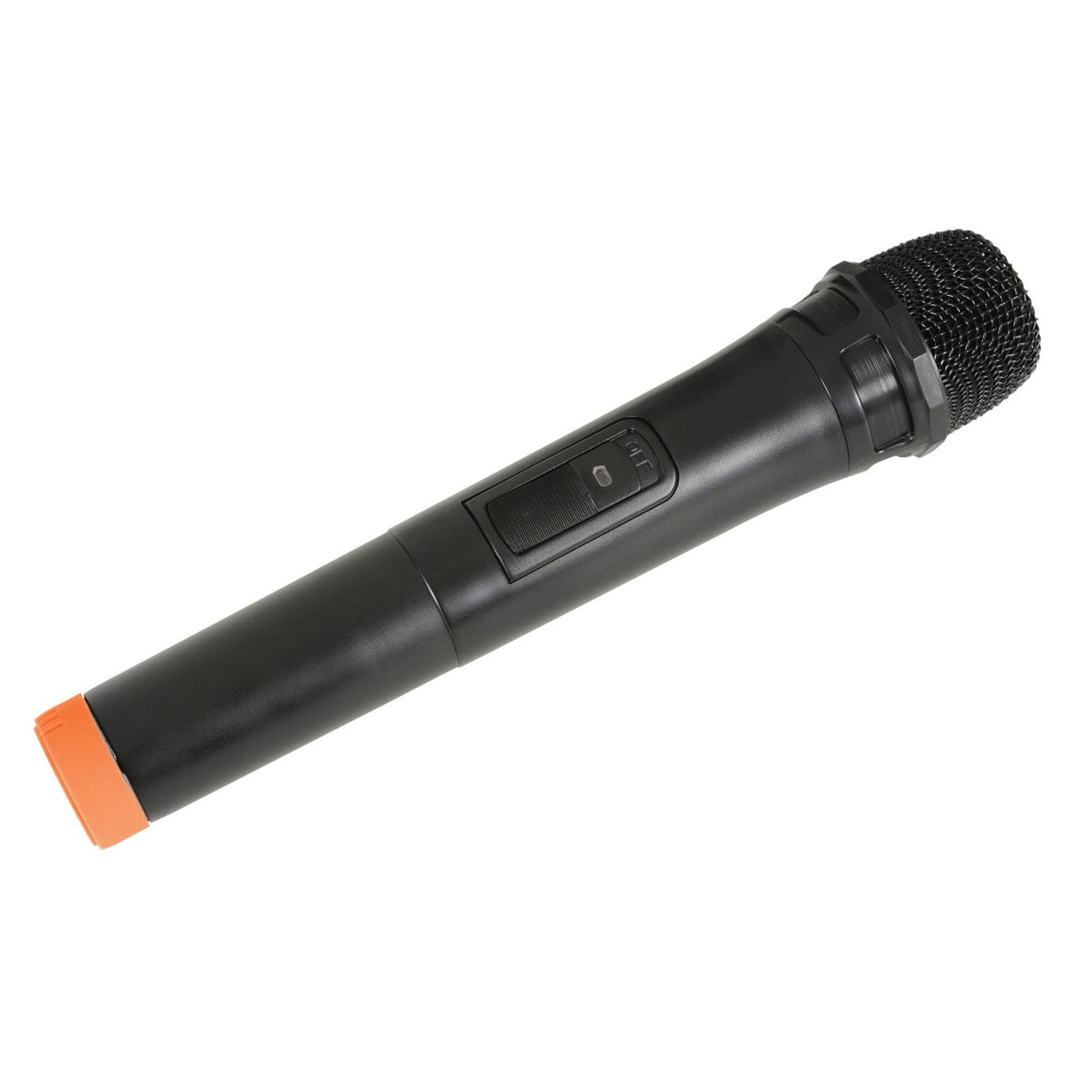 An image of the QTX Handheld microphone, designed for the Busker, Quest & PAL portable PA system, showcasing its sleek black design with an orange tip and a power switch on the handle. The microphone is positioned diagonally against a white background, featuring a mesh grille at the top and operating on 175.0 MHz frequency, perfect for portable PA units in Busker Quest PAL setups.