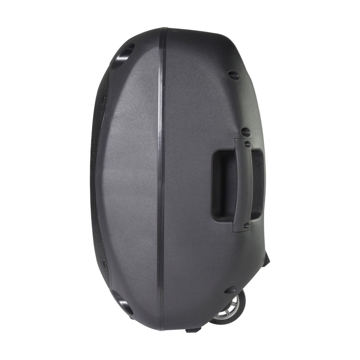 Side view of the QTX QOVA-12PA Battery-Powered Portable PA System by AVSL, showing the ovoid moulded cabinet, side handle and trolley wheel.