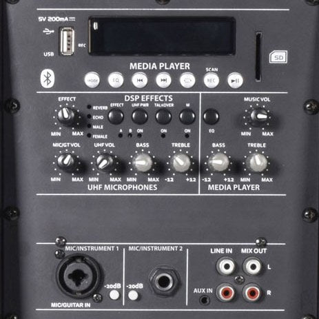 Close-up of the QTX QOVA-12PA Portable PA System control panel by AVSL, showing media player, DSP effects, UHF mic and mixer inputs.