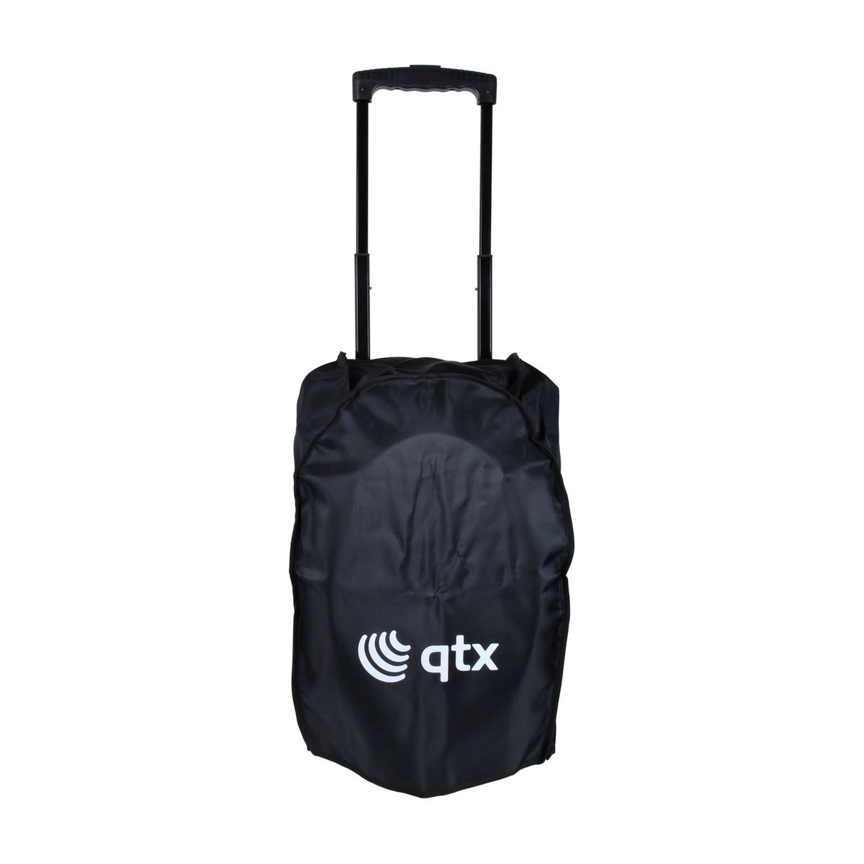 QTX QOVA-12PA portable PA system by AVSL shown in its black transit bag with extended pull-out trolley handle, against a plain white background.
