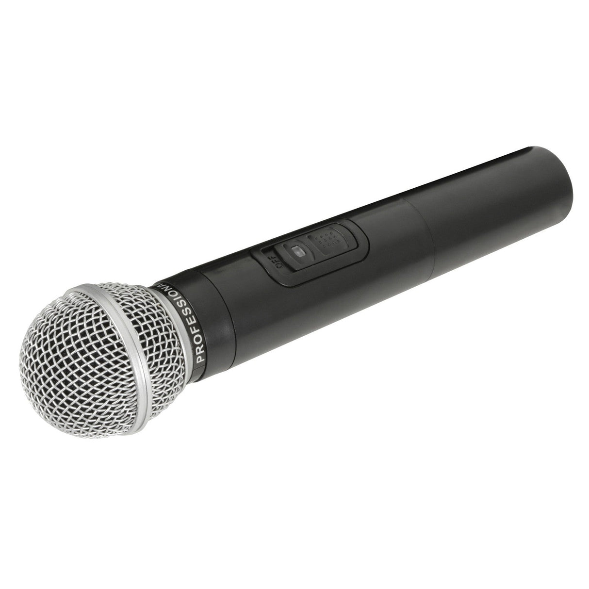 The QTX Handheld Microphone QR+QXPA-174.1MHz, a black wireless UHF mic with a silver mesh grille and power switch, is shown diagonally on a white background.