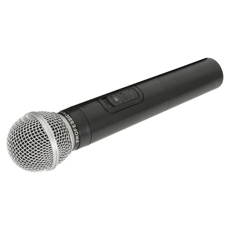 The QTX Handheld Microphone QR+QXPA-175.0mhz is a black wireless microphone from the VHF models, featuring a silver mesh head, a power button, and labeled as Professional. This portable PA essential is positioned diagonally with the mesh head on the left side.