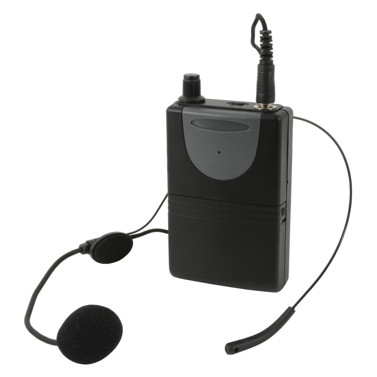 Introducing the QTX Headset for Qxpa-Plus 863.8 MHz, a wireless microphone system that includes a stylish black beltpack transmitter and an attached headset microphone. The headset is designed with a flexible boom arm and a foam-covered mic, making it perfect for integration with portable PA units. It features a convenient belt clip and exposed connectors for easy operation.