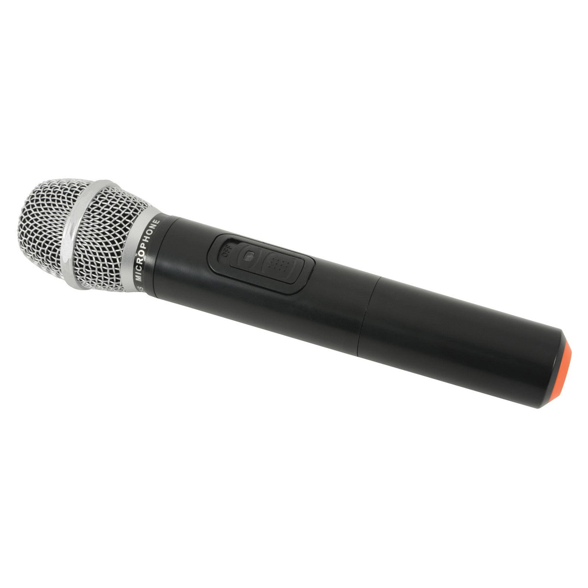 A sleek QTX Handheld Microphone Qxpa-Plus 863.8mhz, featuring a black design with a silver metal mesh grille, is set against a white backdrop. It includes a power button and indicator lights on the handle, making it ideal for portable PA units and compatible with both VHF and UHF models.