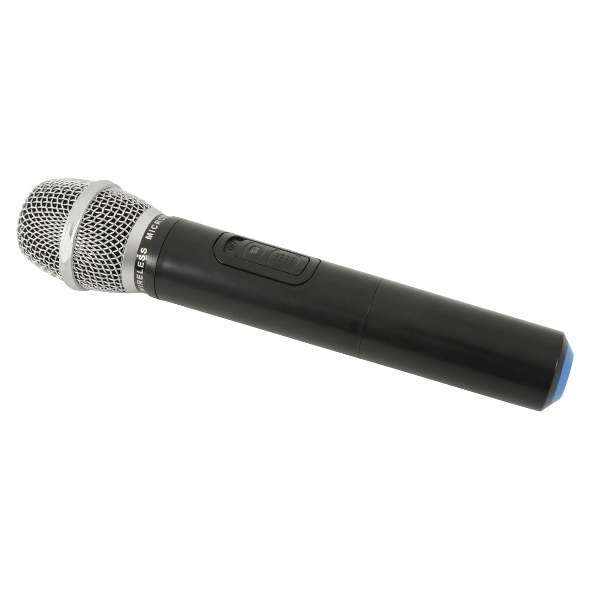 The QTX Handheld Microphone Qxpa-Plus 864.8mhz, featuring a black and silver finish with a mesh grille, is displayed against a white background. Designed for portable PA units, this microphone includes a power button and LED indicator on its handle, making it ideal for seamless UHF model connectivity.