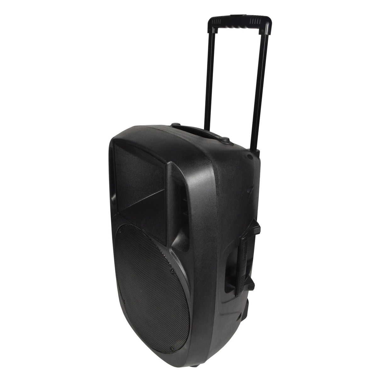 The QTX XCAB-15 15" Moulded PA Cabinet, with its large black design, includes an injection-molded cabinet and features a wheeled base with a retractable trolley assembly for convenient transport. The speaker is highlighted by its robust, angular structure and is equipped with a prominent grille that covers the speakers.