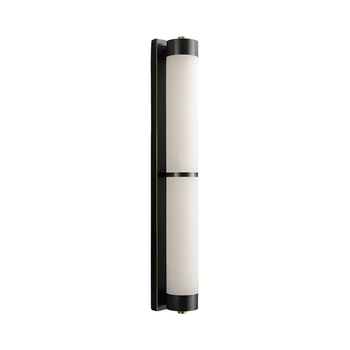 The Arelis LED Linear Alabaster Wall Light in soft white and black has a slim, vertical design with cylindrical alabaster and stylish black accents, providing modern wall lighting for any space.