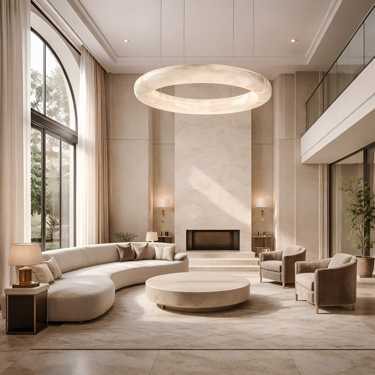 A spacious, modern living room with tall windows, neutral tones, a curved sofa, two armchairs, a round coffee table, a fireplace, plants by the windows, and the Aurexis LED Large Floating Ring Alabaster Suspension Light in soft white as a chandelier centerpiece.