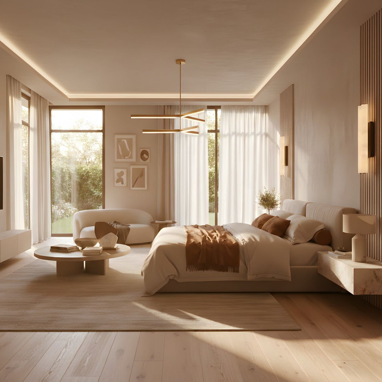 A modern bedroom with large windows, a cozy bed with brown and white bedding, a round coffee table, light sofa, wall art, and the Elvaris LED 2 Tier Radial Alabaster Chandelier in brushed brass and soft white glowing warmly.