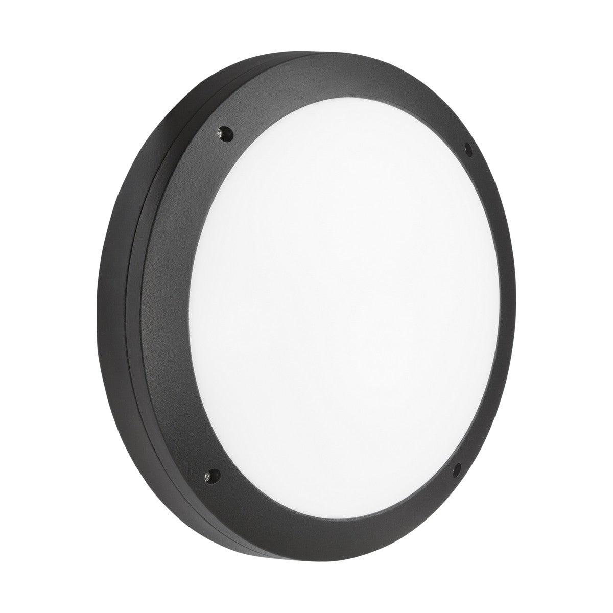 The 18W Outdoor CCT LED Bulkhead With Emergency in black features a round, black-framed design with a white diffuser, showcasing a simple and modern aesthetic. Made from die-cast aluminium and rated IP65, it can be flush-mounted on walls or ceilings for an elegant and durable addition to any space.
