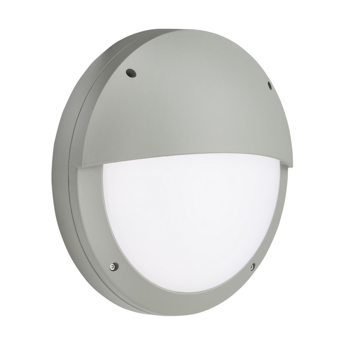 The 18W Outdoor CCT LED Eyelid Bulkhead with Microwave Sensor in grey is a wall-mounted, round outdoor light fixture featuring a die-cast aluminium casing and a frosted white cover. Its modern, minimalist design includes a slightly domed top and two visible screws for easy installation, along with an IP65 rating for enhanced durability.