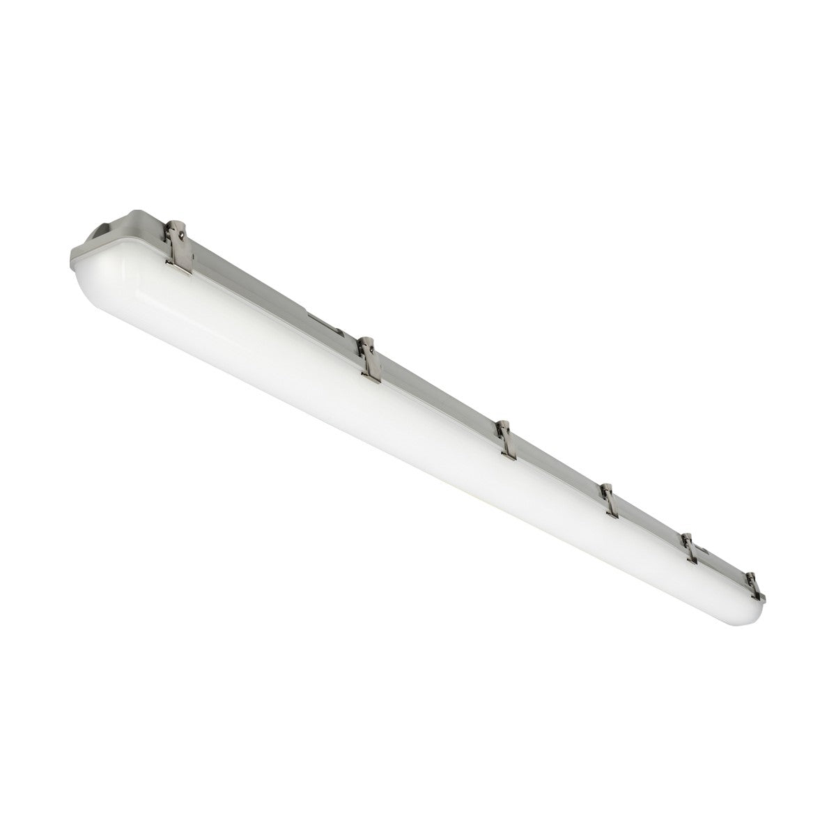 Displayed against a white background is the Single 5ft 26W/48W IK08 CCT Emergency Non-Corrosive Batten with Sensor IP65. It has a white casing and metal clips, showcasing a simple, industrial design suitable for commercial lighting needs. This energy-efficient solution combines functionality with modern aesthetics.