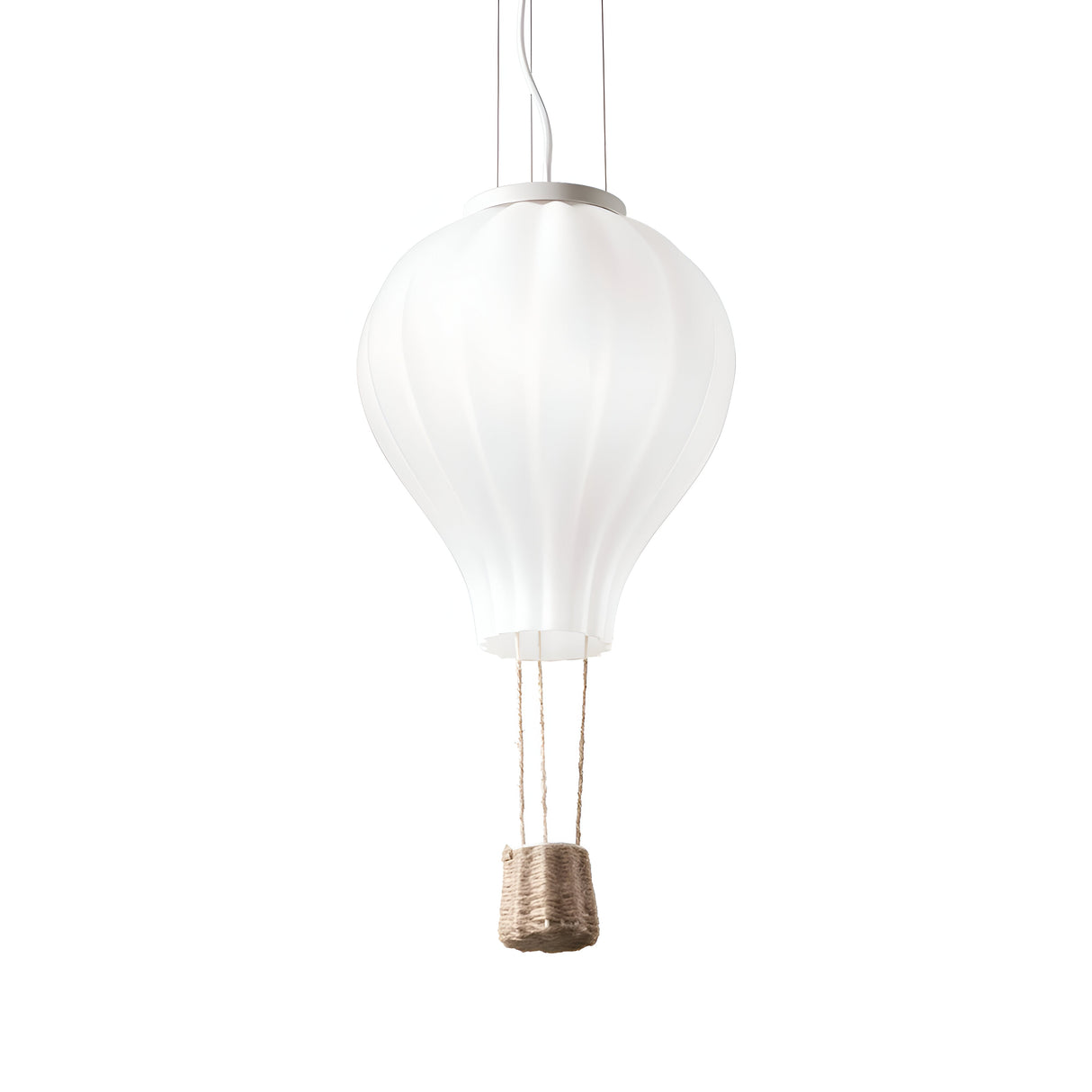 The Brilliance 1 Light Glass Pendant in White, measuring 30cm, resembles a frosted hot air balloon with its minimalist design and textured basket below. It features thin wires that produce an ambient glow while hanging gracefully against a plain white background.