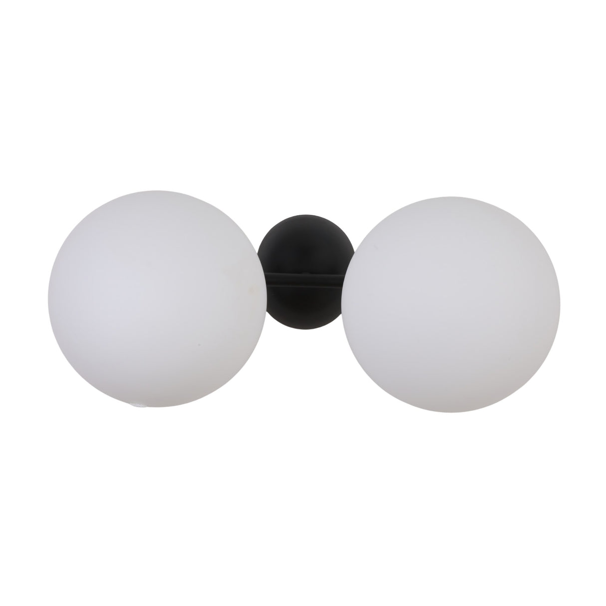 The Vetra 2 Light Opal Glass Wall/Semi-Flush Ceiling Light features two large opal glass globes joined by a matte black circular center, offering a modern minimalist look, shown front-facing against a white background.