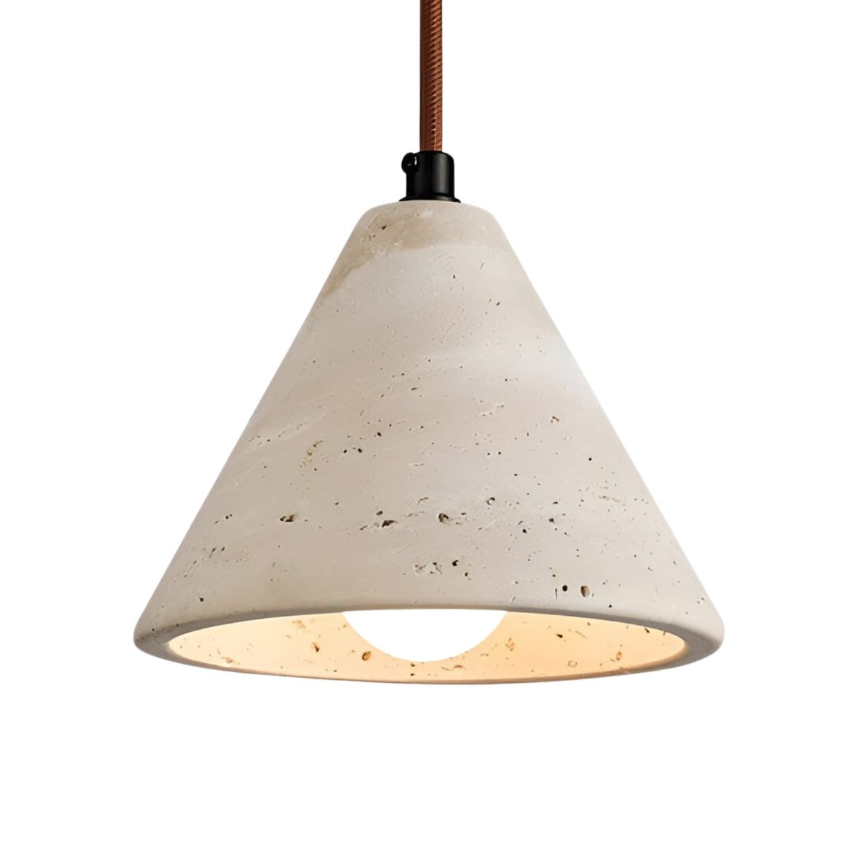 The Sorella 1 Light Wide Cone Travertine Single Pendant Light in light beige features a conical textured shade and brown cord—ideal as a modern statement piece for any contemporary setting.