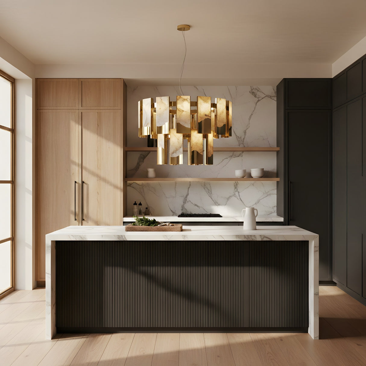 Modern kitchen with a marble island, black and wood cabinetry, open shelves with white dishes, and the Caelith LED 2 Tier Panel Alabaster Chandelier in brushed brass hanging above the island. Large windows fill the space with natural light.