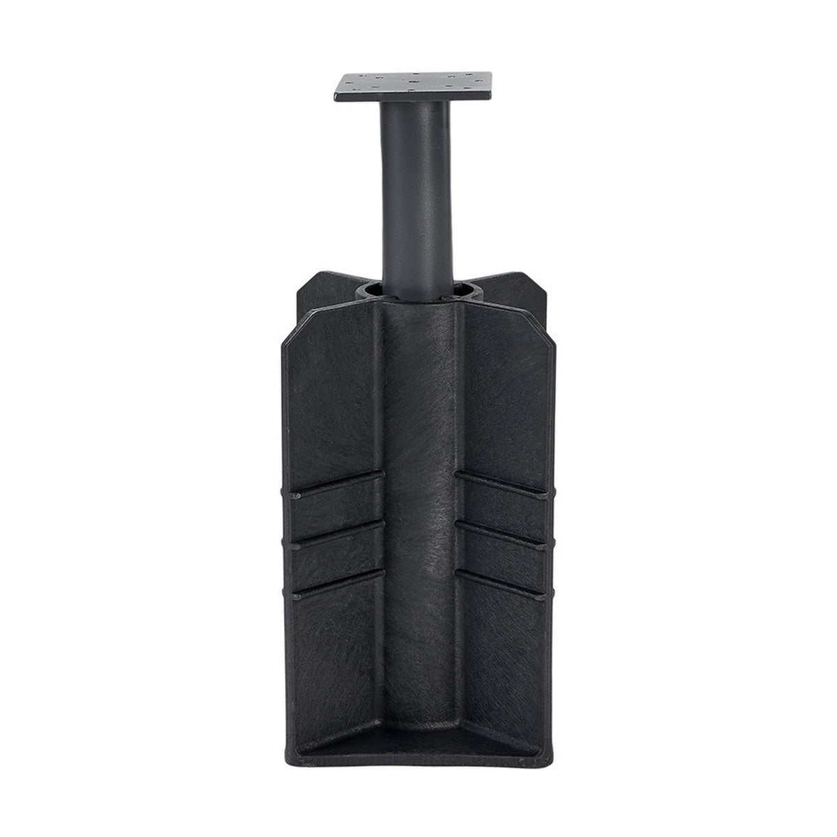 In Ground Parasol Base, 50cm, black moulded plastic ground spike with ribbed sides and steel mounting pole with square top plate, plain white background.