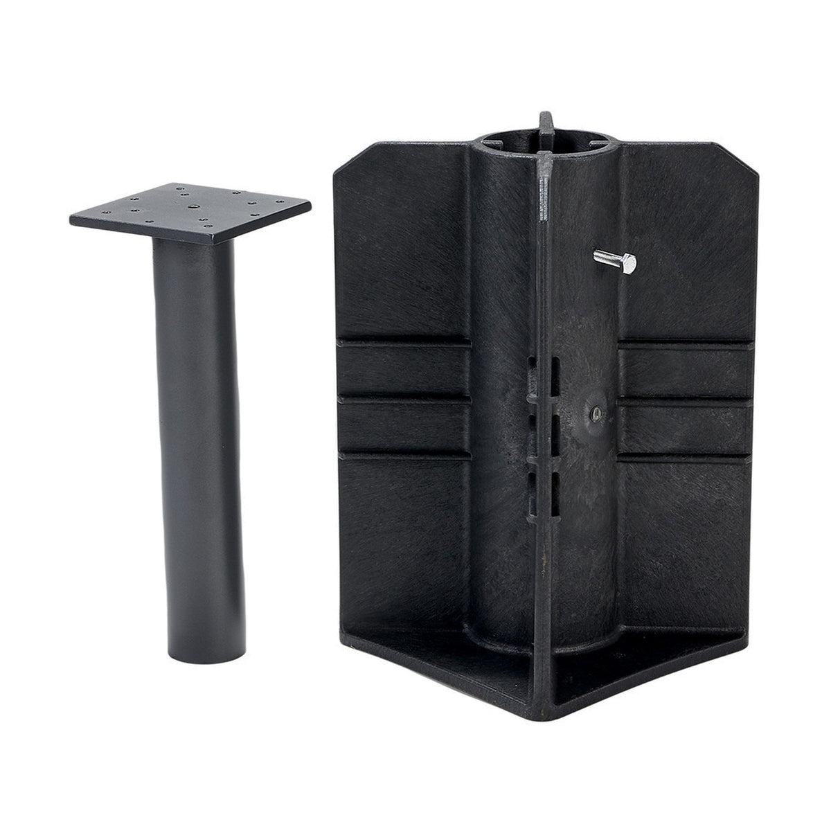 In Ground Parasol Base, 50cm, shown with a black plastic mounting sleeve featuring a square top plate, and a separate square in-ground casing with locking pin, on a plain white background.