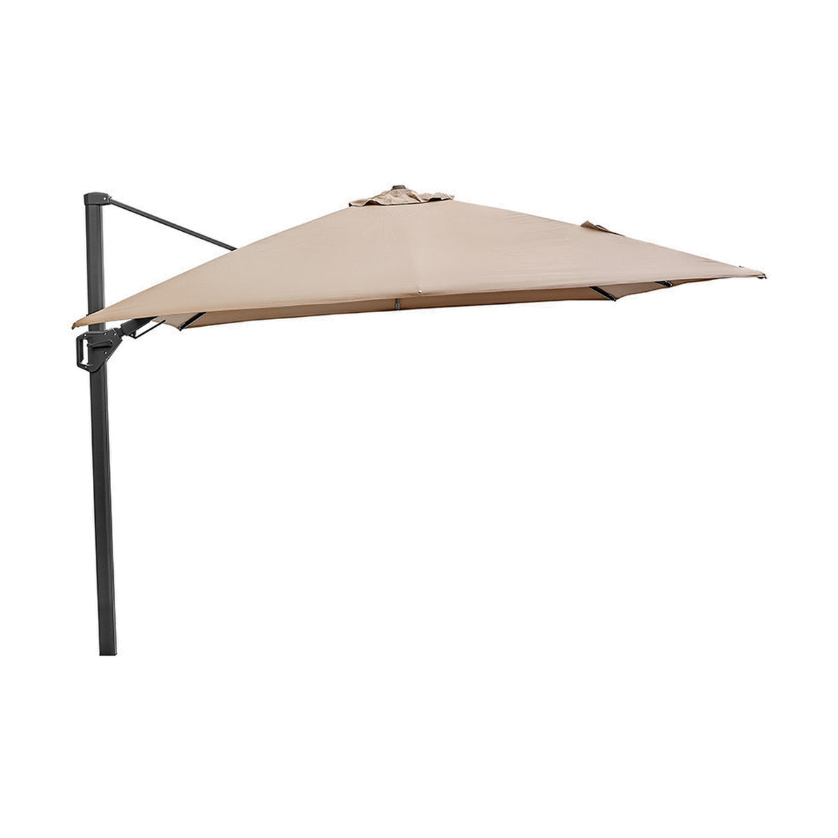 Challenger T2 3m cantilever parasol in taupe with square canopy, off-set aluminium mast and dark grey pole, shown on a plain white background.