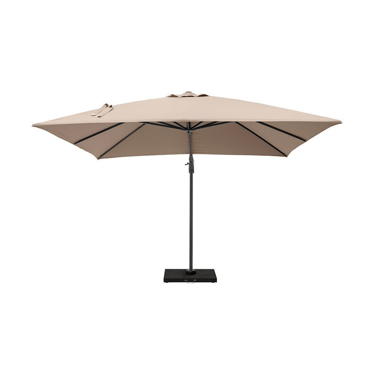 Challenger T2 taupe cantilever parasol with a 3m square canopy, off-centre aluminium mast, and weighted black base, shown on a plain white background.