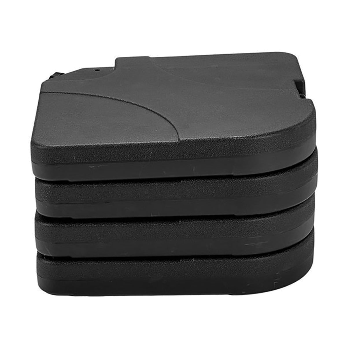 Set of 4 stacked plastic parasol cross base containers, 6cm tall, in matte black polyethylene with curved corner design, shown on a plain white background.