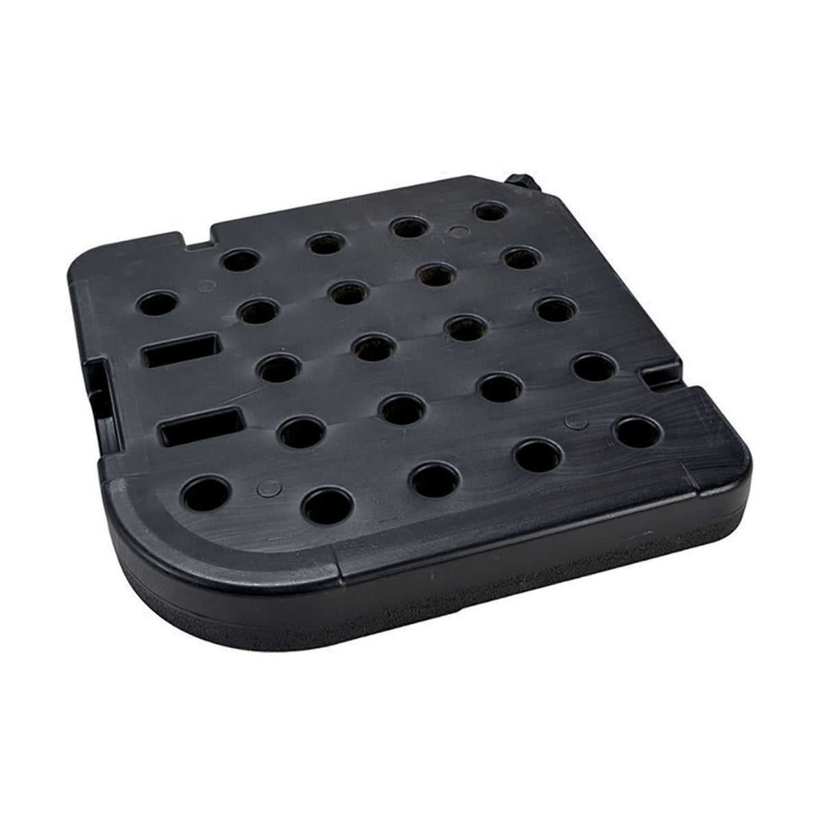 Black plastic parasol cross base container, 6cm tall, with a perforated cross-slot top for securing a parasol pole, shown on a plain white background.
