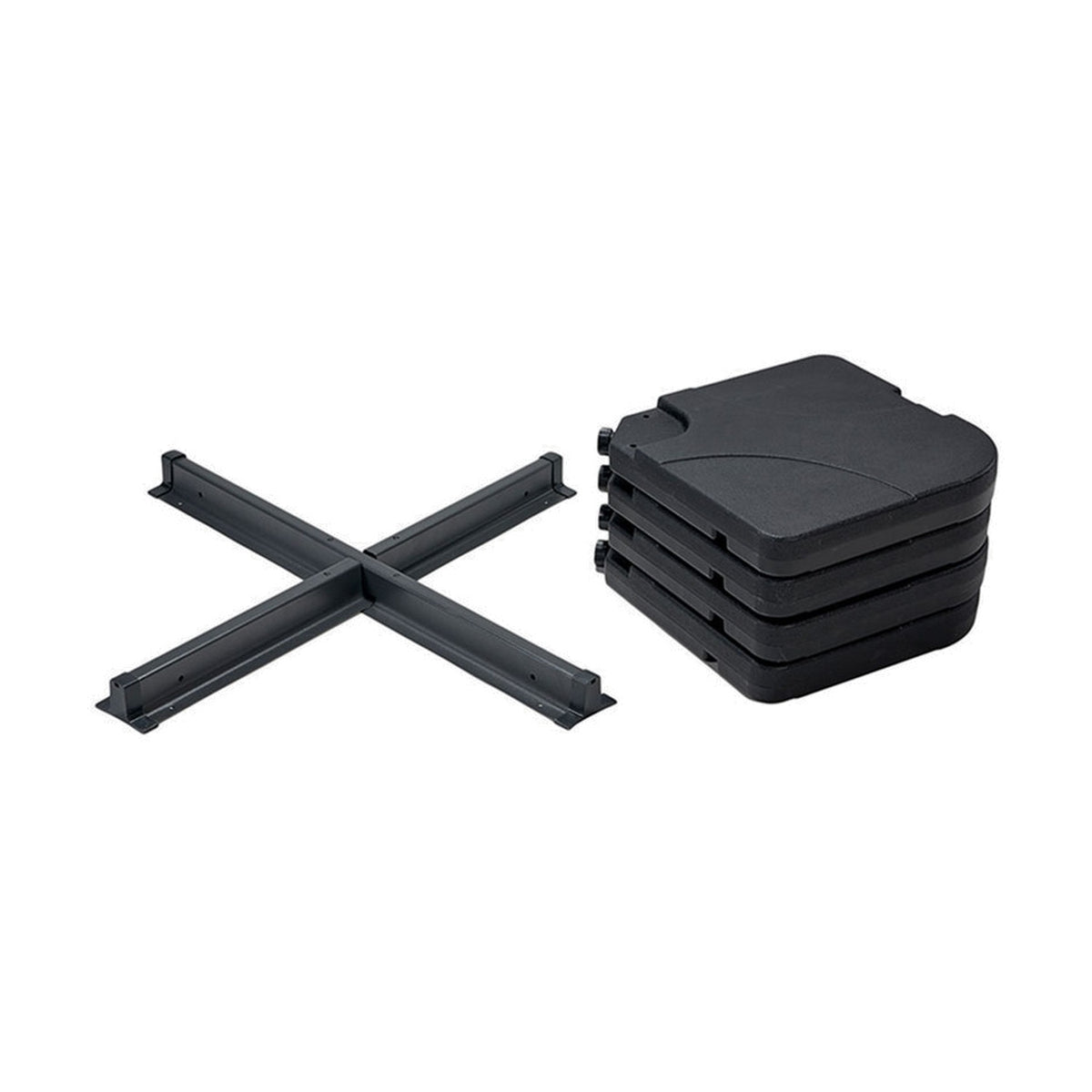 Set of 4 stacked black plastic parasol base weights with locking clips, shown beside a matte black metal cross frame base on a plain white background.