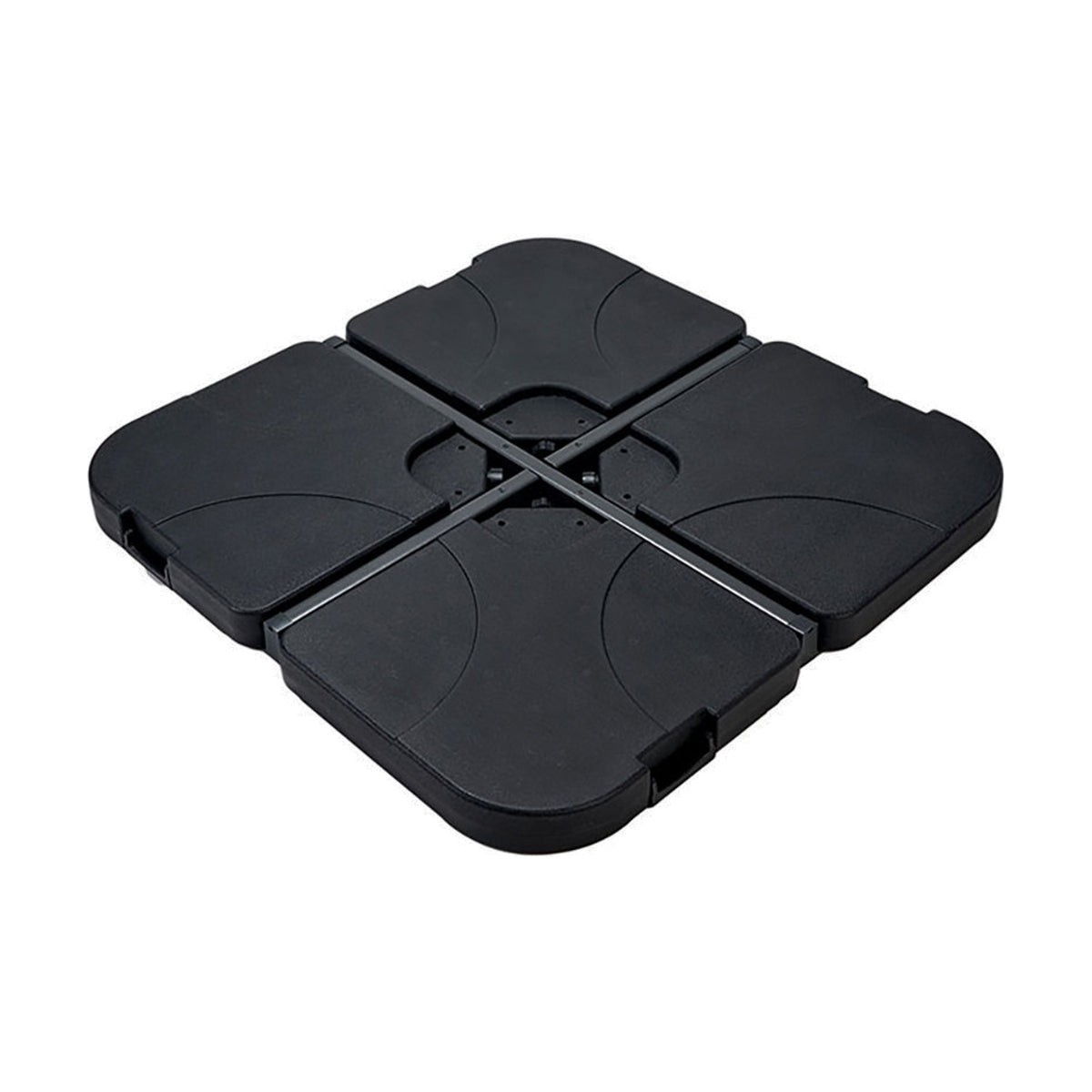 Set of 4 plastic parasol cross base containers in matte black, four fillable curved segments joined at a central connector with a metal cross bar, shown on a plain white background.