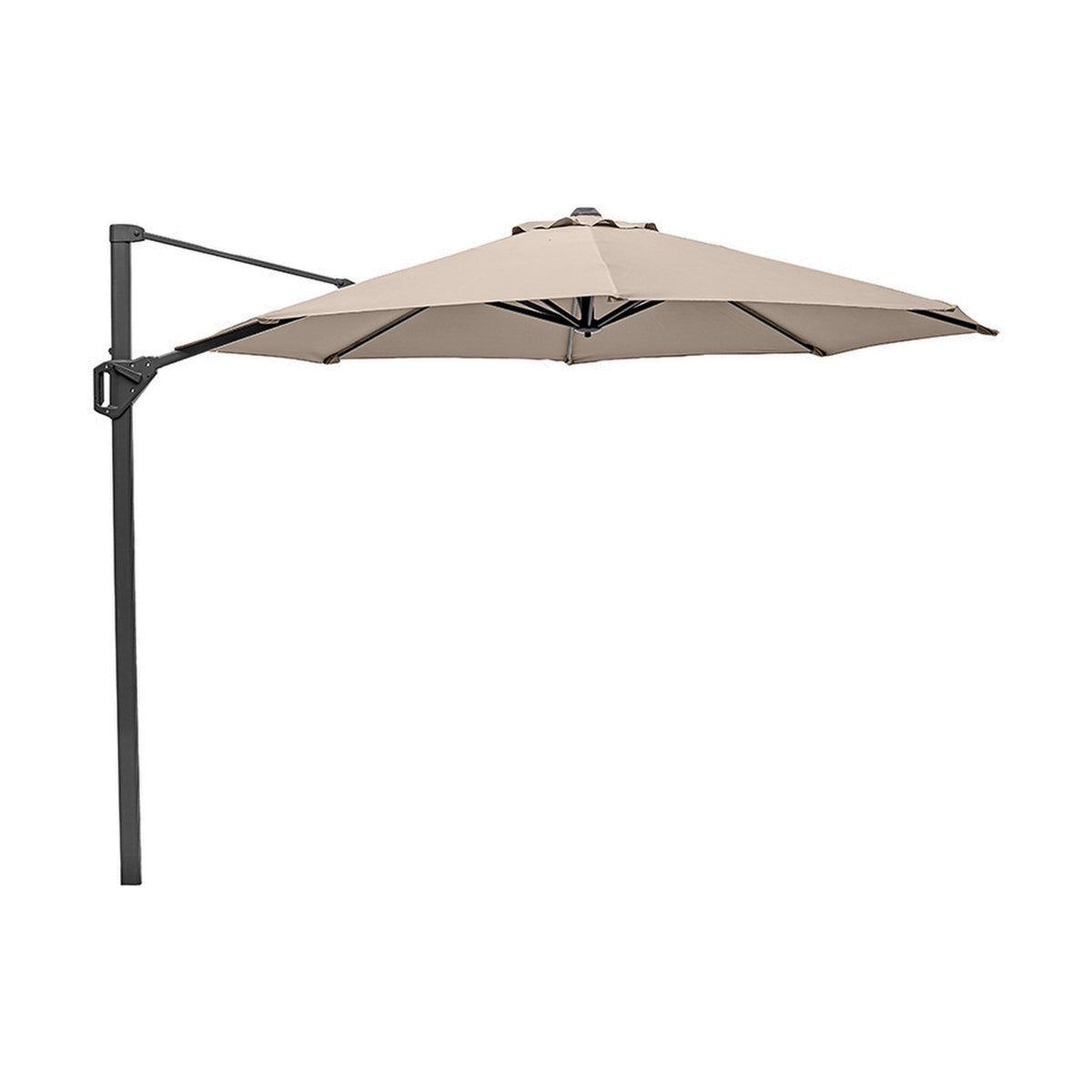 Voyager T1 Taupe Cantilever Garden Parasol, 3m aluminium canopy with off-set pole and angled support arm, shown open against a plain white background.