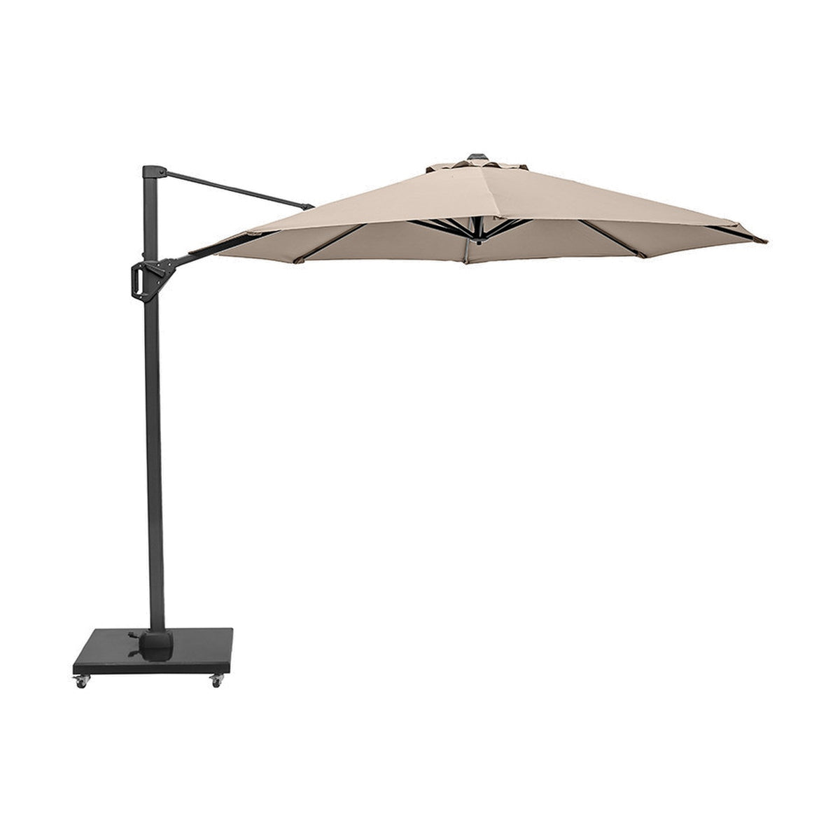 Voyager T1 Taupe Cantilever Garden Parasol, 3m, with octagonal canopy, angled aluminium side pole, and wheeled weighted base, shown on a plain white background.
