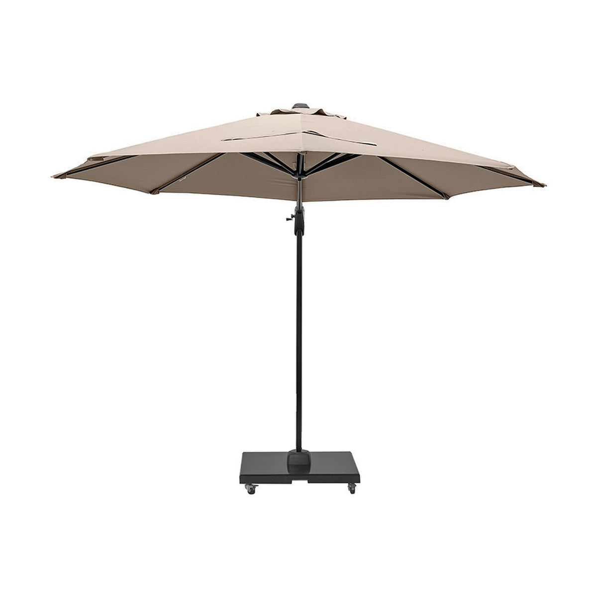 Voyager T1 3m cantilever garden parasol with taupe octagonal canopy, black aluminium off-set pole, crank handle, and square weighted base on castors, shown on a plain white background.