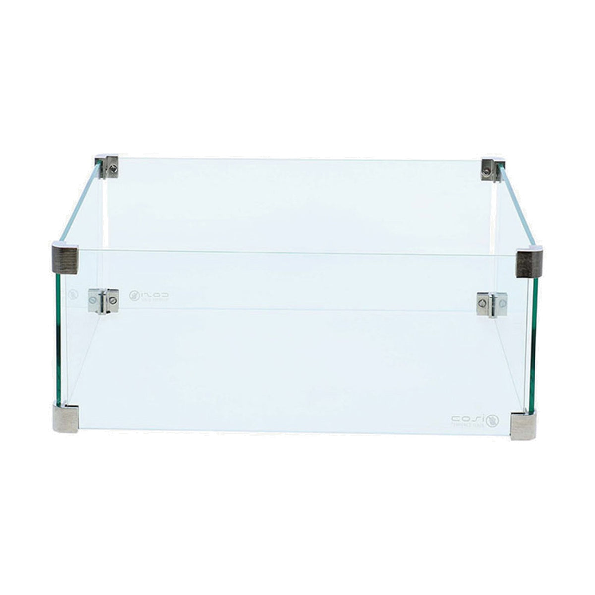 Cosiglass Large Fire Pit surround, 21cm tall tempered glass panels with brushed metal corner brackets, shown on a plain white background.