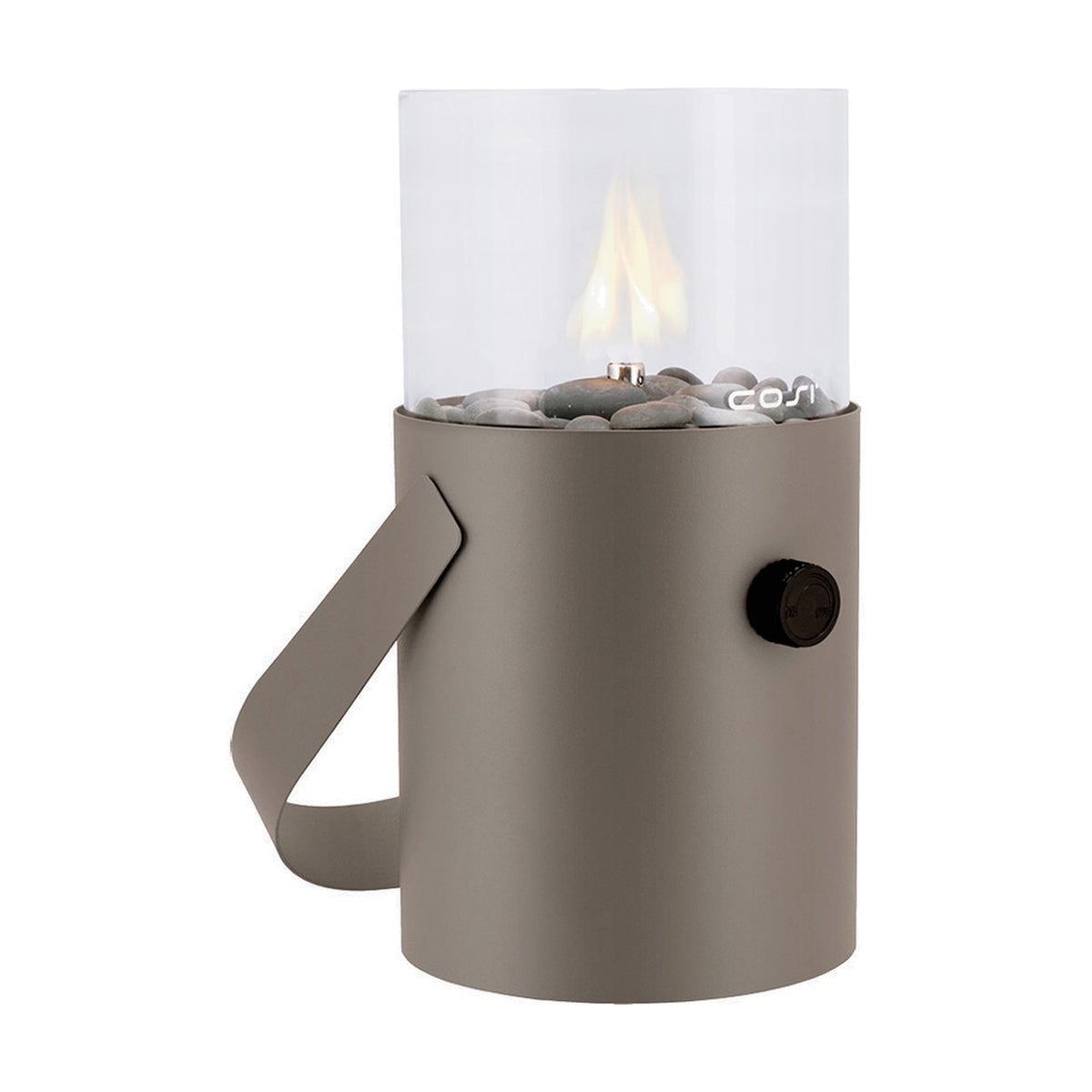Cosi Clay Gas Flame Lantern, 30cm cylindrical steel body with clay finish, glass tube top with visible flame over pebbles, side control knob and carry handle, plain white background.