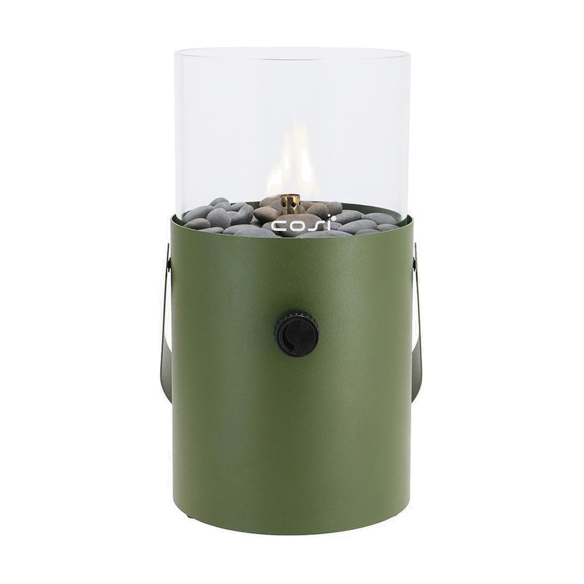 Cosi Moss Green Gas Flame Lantern, 30cm, with cylindrical steel base, glass tube shade, control knob, and stone-filled burner on a plain white background.