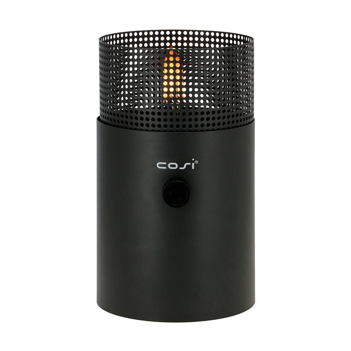 Cosi Dot Anthracite Gas Flame Lantern, 31cm cylindrical outdoor lantern with perforated mesh top and visible flame, control dial on steel body, shown on a white background.