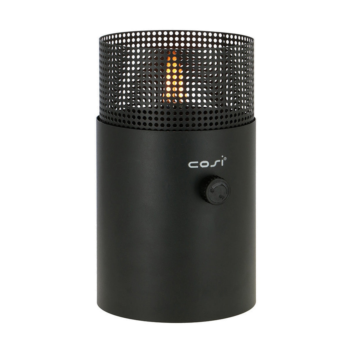 Cosi Dot gas flame lantern in anthracite, 31cm cylindrical steel body with perforated mesh top and control knob, lit flame visible, on a plain white background.