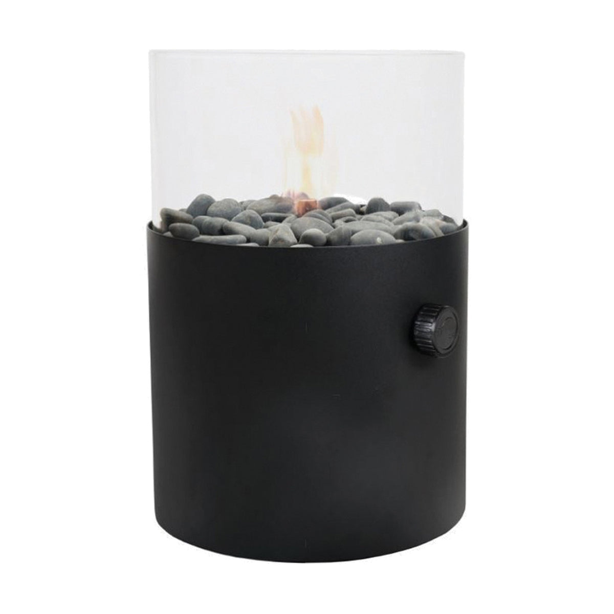 Cosi Extra Large Black Gas Flame Lantern, 30cm, cylindrical with clear glass surround, black steel base, control knob, and grey pebbles around the flame, shown on a white background.