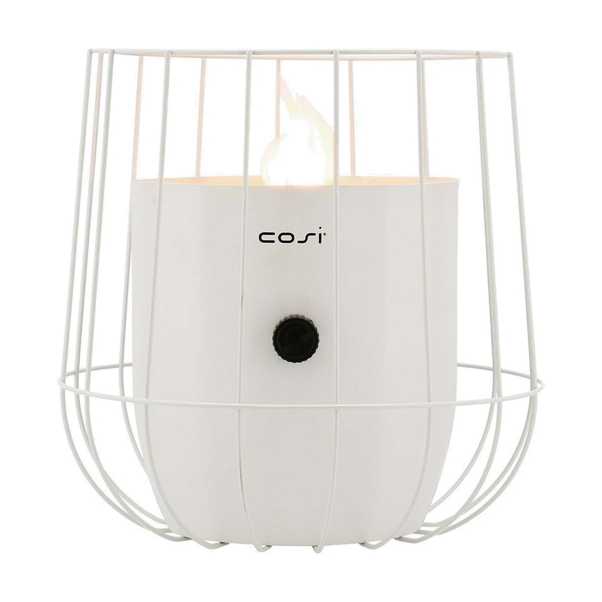 Cosi Basket White Gas Flame Lantern, 31cm, with a cylindrical white steel body inside an open wire cage frame, black control knob, and visible flame, shown on a plain white background.
