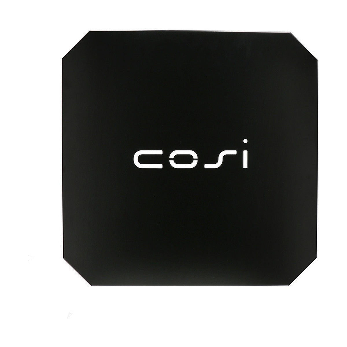 Cosi Cover Plate Medium fire pit accessory, a square matte black cover with cut corners and white "cosi" logo, shown on a plain background.