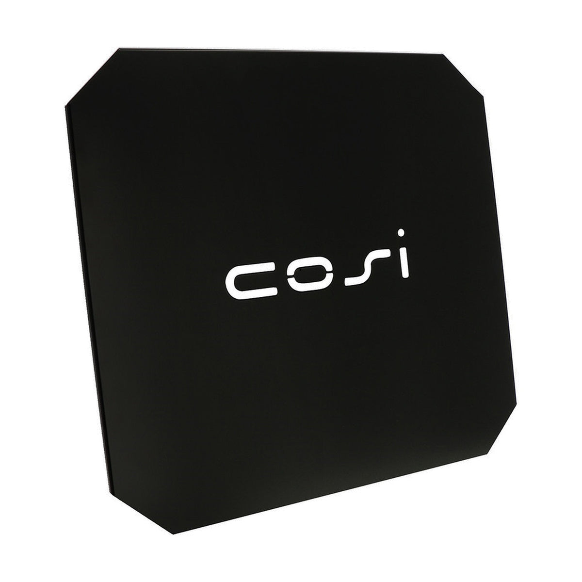 Cosi Cover Plate for medium fire pit, square matte black lid with clipped corners and white "cosi" logo, shown angled on a plain white background.