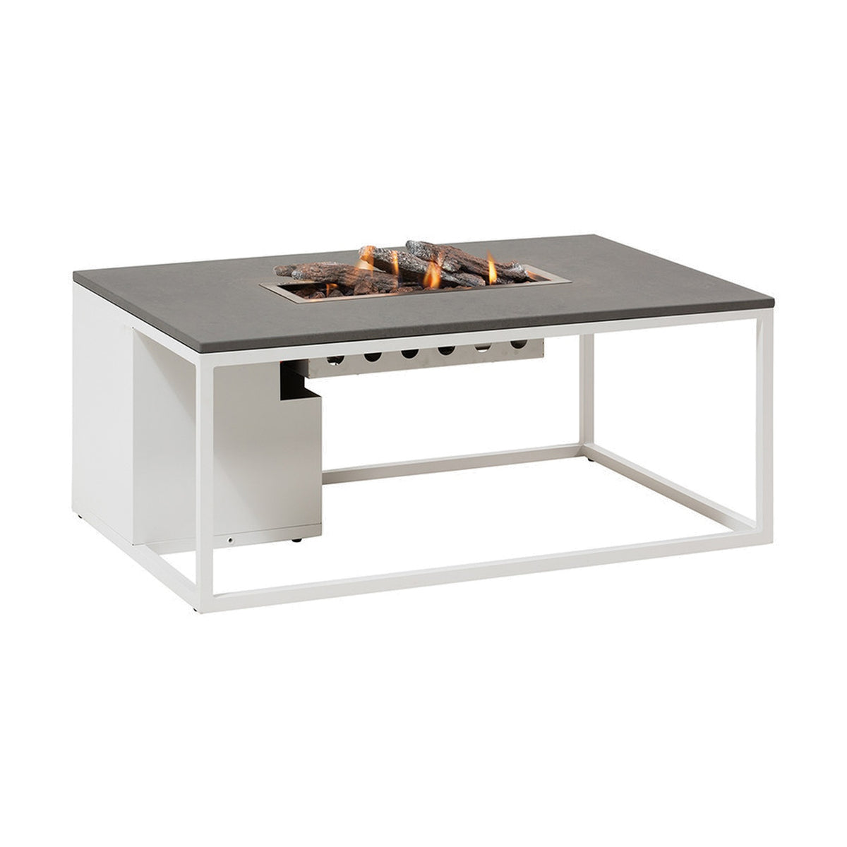 Cosi White & Grey Gas Fire Pit Table (120cm) with white aluminium frame, grey tabletop, and stainless steel burner with faux logs, shown on a plain white background.