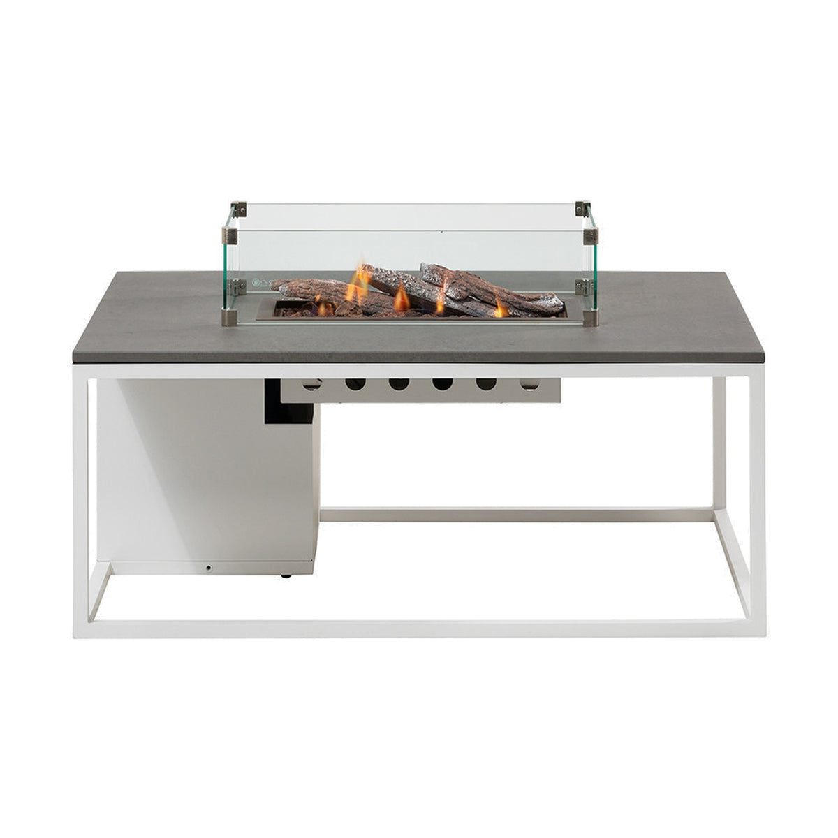 Cosi White & Grey Gas Fire Pit Table, 120cm, with white metal frame, grey tabletop, glass windguard and lit log-effect burner, shown on a plain white background.