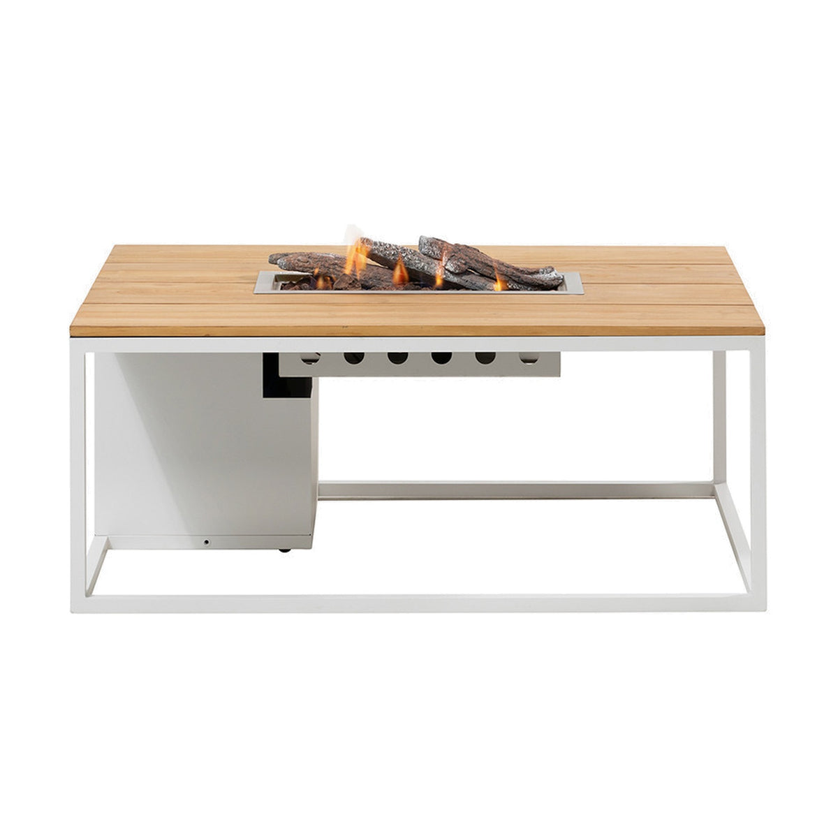 Cosi White & Teak Gas Fire Pit Table, 120cm, with a teak-effect top, white metal frame, stainless steel burner insert holding faux logs alight, shown on a plain white background.
