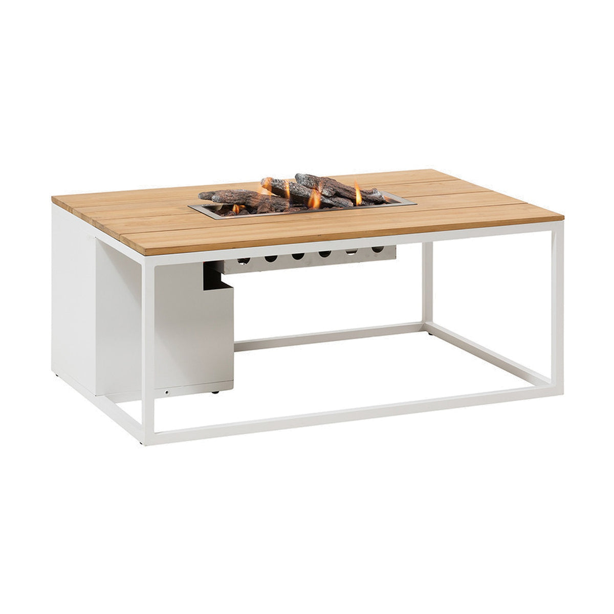 Cosi White & Teak Gas Fire Pit Table, 120cm rectangular design with white metal frame, teak-slatted top, and central stainless steel burner with fire glass logs alight.