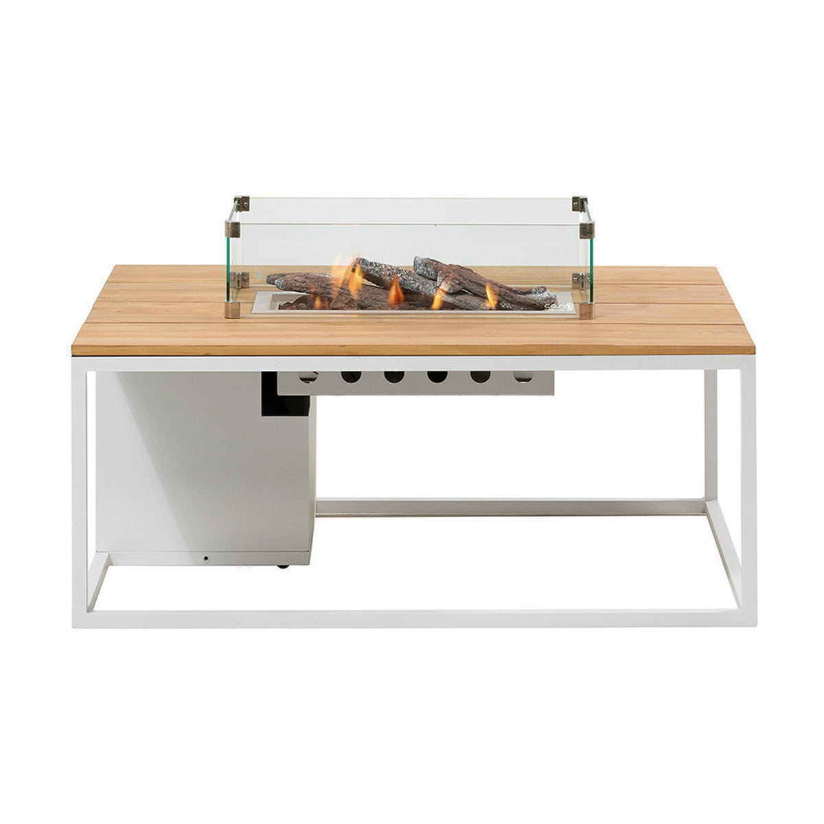 Cosi White & Teak Gas Fire Pit Table, 120cm, with white metal frame, teak-effect wood top, and glass windguard surrounding lit ceramic logs, shown on a plain white background.
