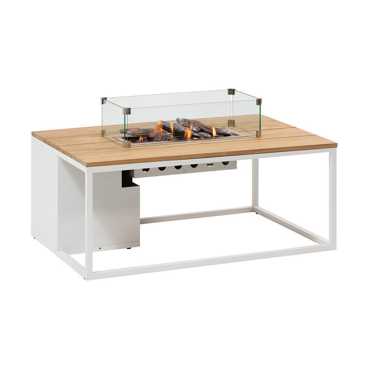 Cosi White & Teak Gas Fire Pit Table, 120cm, with white metal frame, teak-effect top, stainless steel burner and glass windguard, lit log-effect flame, on a plain white background.