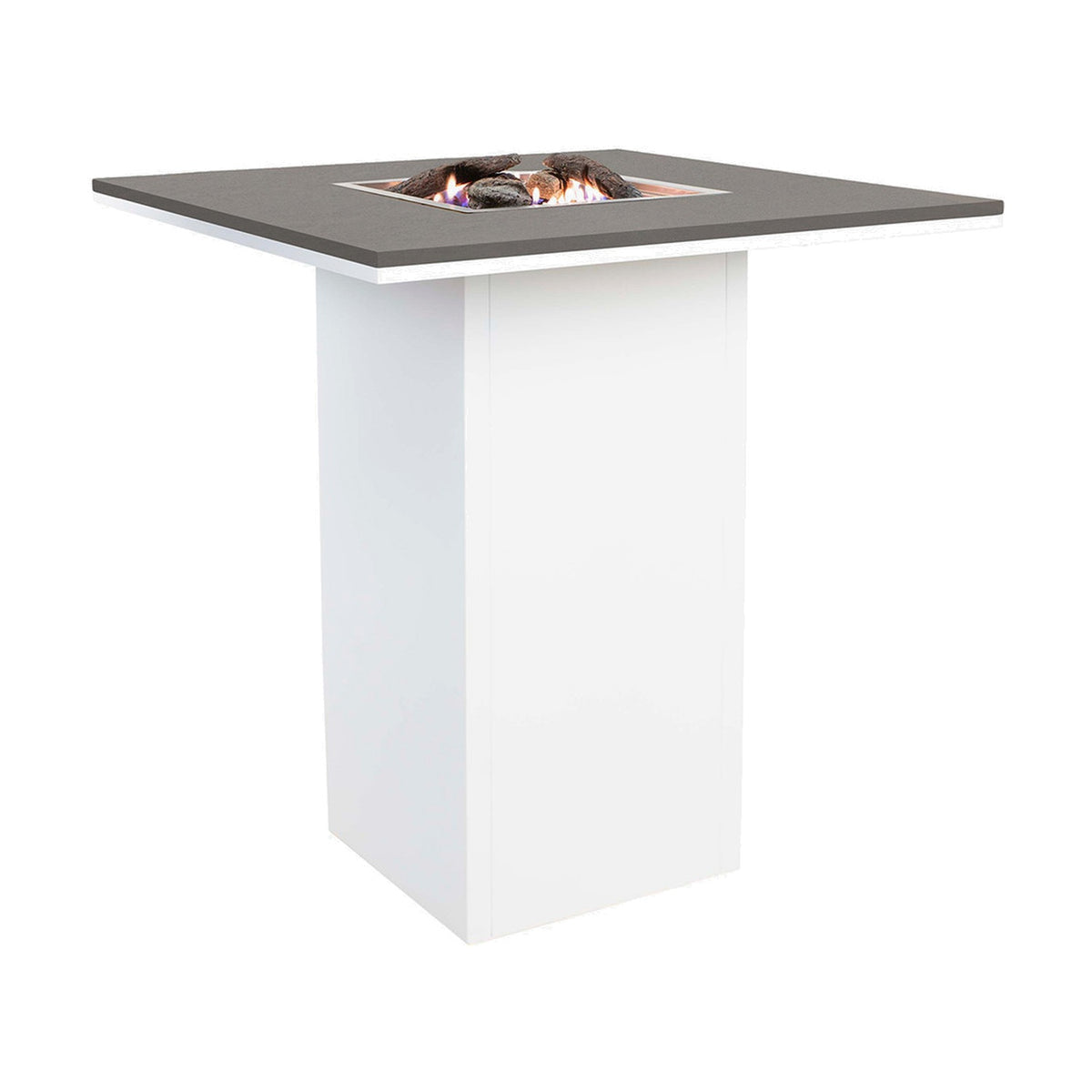 Cosi White & Grey Gas Fire Pit Bar Table (100cm) with a square grey tabletop, central flame feature over stainless steel logs, and a tall white square pedestal base, shown on a plain white background.