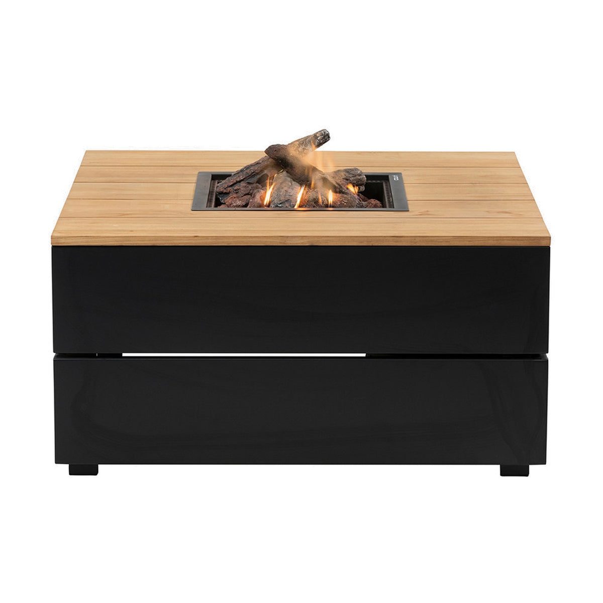 Cosi Black & Teak Square Gas Fire Pit, 100cm, with teak-slat tabletop, black base, central burner with decorative logs and flames alight, on a plain white background.