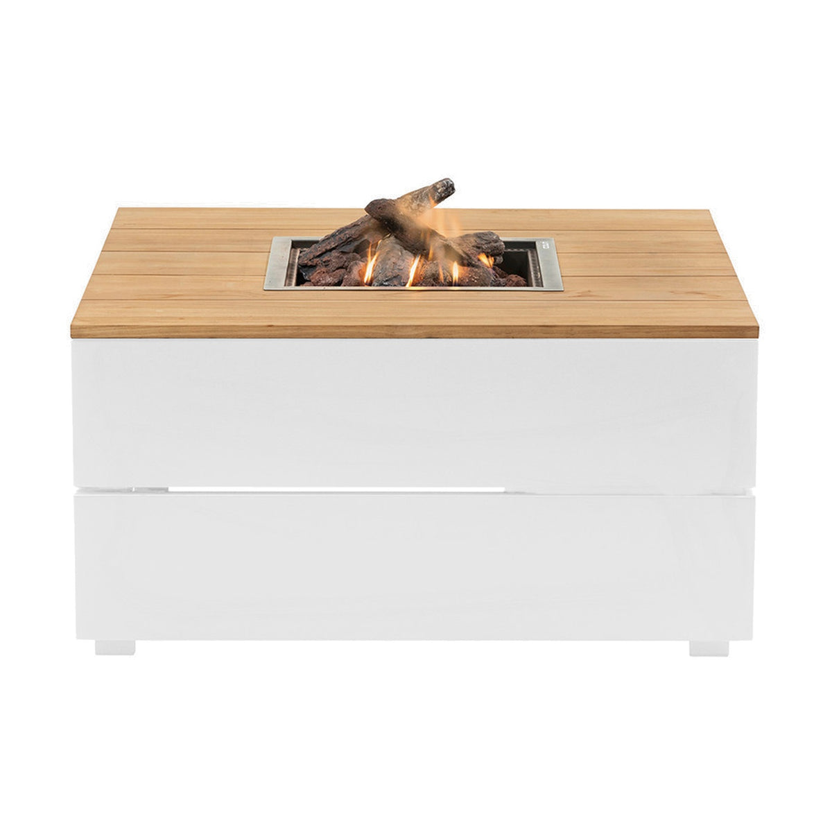 Cosi White & Teak Square Gas Fire Pit, 100cm, with a white base, teak-effect wood top, and central stainless steel burner with lit logs, shown on a plain white background.