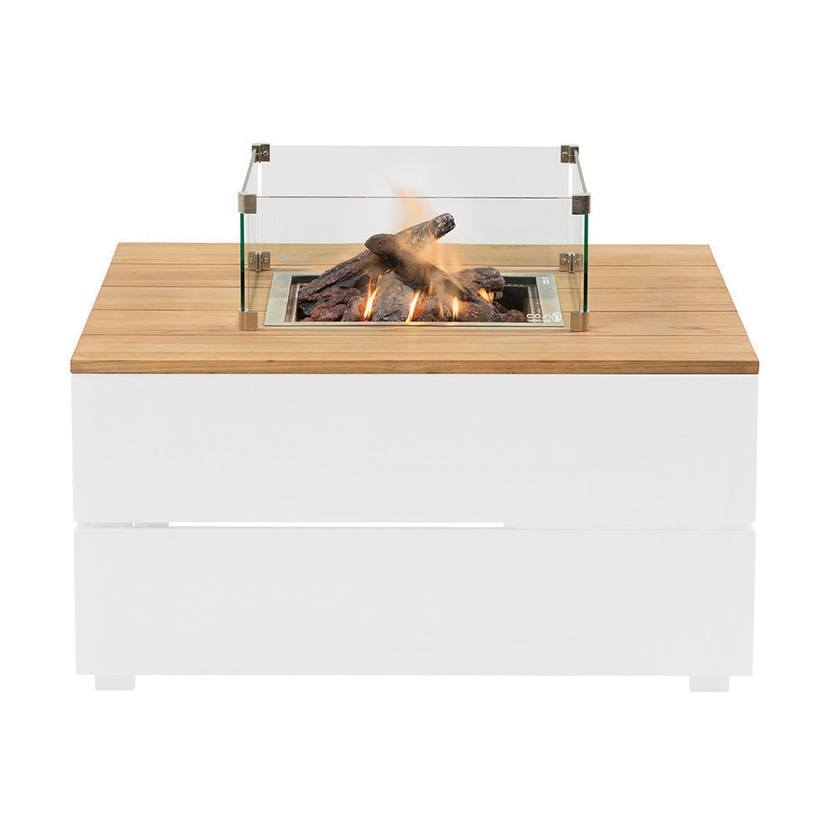 Cosi White & Teak Square Gas Fire Pit, 100cm, with white base, teak-effect top, glass wind guard and lit log-effect burner, shown on a plain white background.